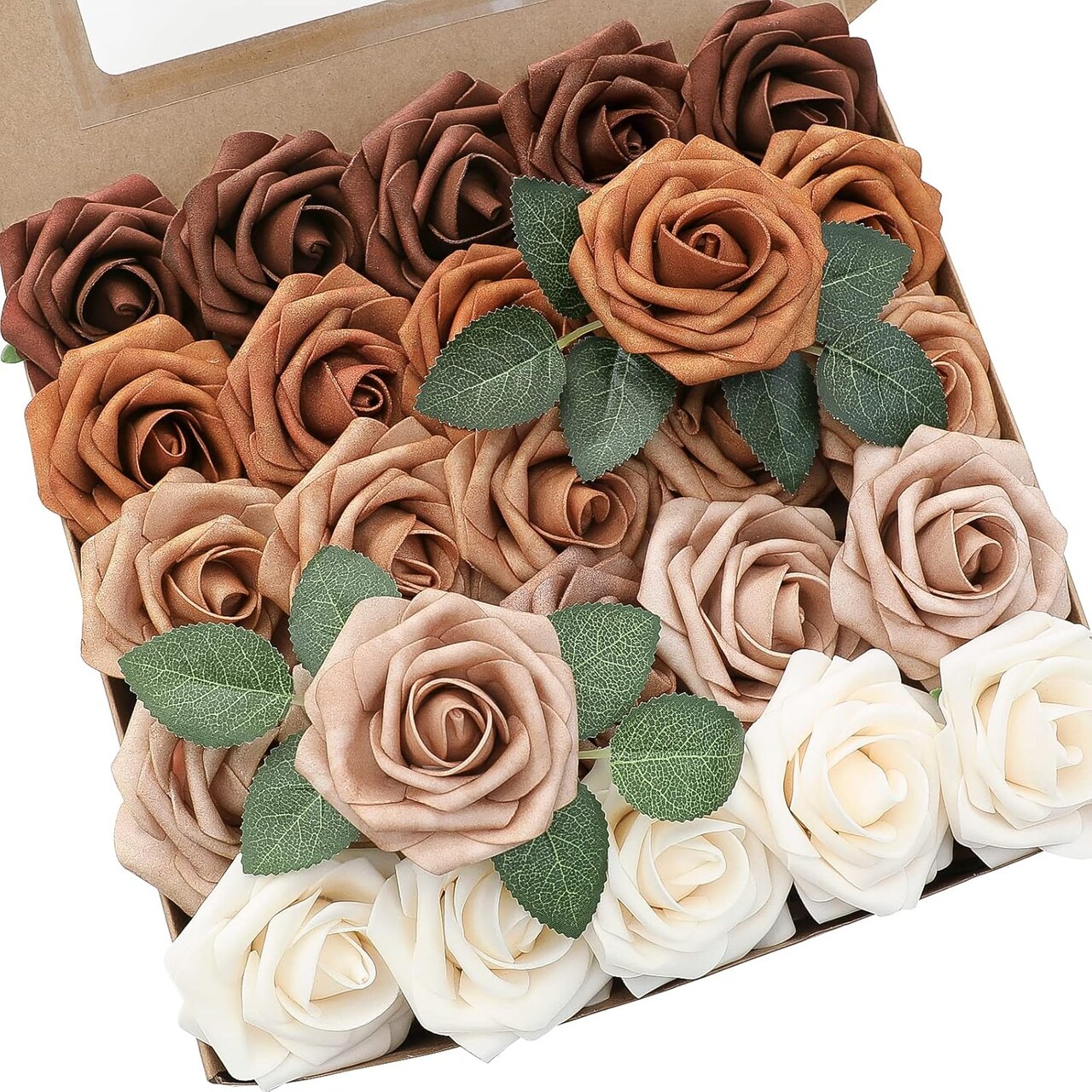 25 PCS Earth Tones Ombre Foam Roses with Stems – Real-Looking PE Artificial Flowers for DIY Wedding Bouquets, Bridal Shower, Party & Home Centerpieces